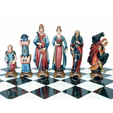 "Renaissance Oil-Painted" Chess Set in Traditionally Carved Solid Alpine Wood