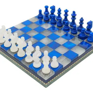 Blue and White Antique Marble Chess Set and Chess Board with Storage Box