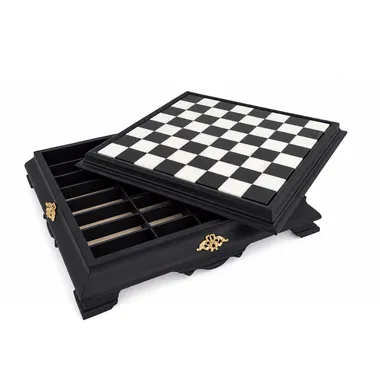 Pedestal chess board open, integrated storage compartment beneath the playing surface