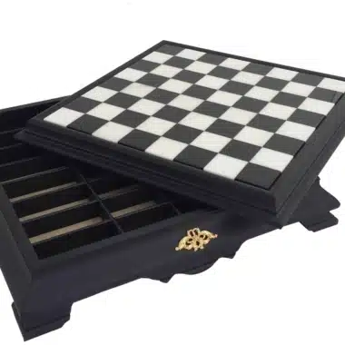 Alternative view of Black and White Pedestal Chess Board in Wood and Carrara Marble with Storage
