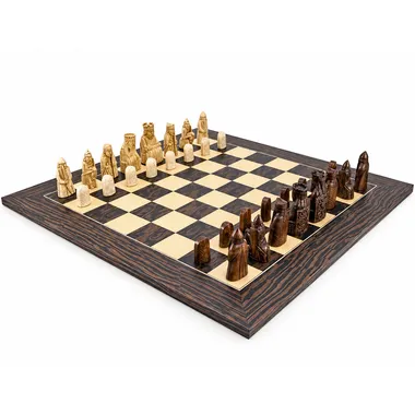 Complete Isle of Lewis chess set on ebony and maple chessboard