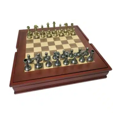 Mignon Flower XI Chess Set with Walnut and Maple Storage Chess Board and Metal Chess Pieces