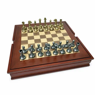 Complete Mignon Flower XI chess set on walnut and maple chessboard