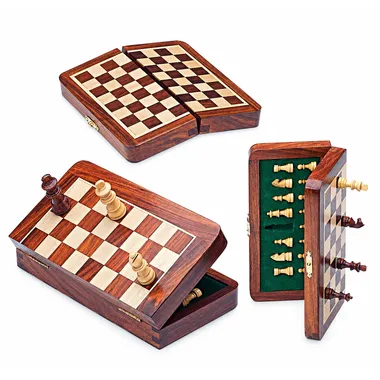 Magnetic wooden travel chess set, folded and open with pieces stored inside
