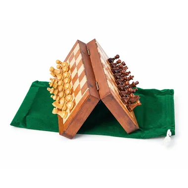 Magnetic wooden travel chess set, opened triangle-style on a green pouch