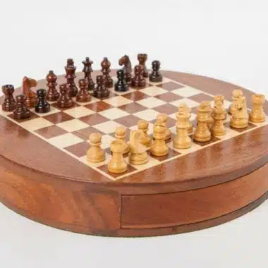 Round Magnetic Travel Chess Set with Wooden Storage Drawer