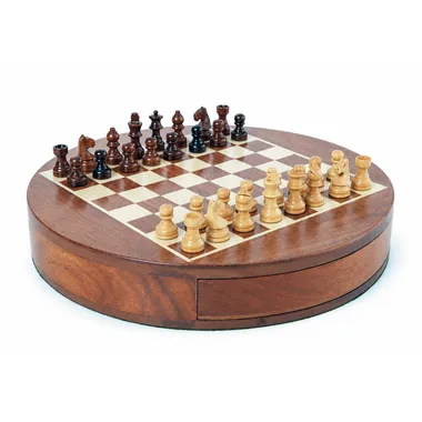 Round wooden travel chess set, board and pieces set up for play