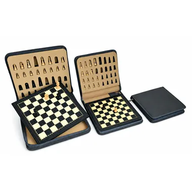 Magnetic travel chess set open, pieces stored and folded board