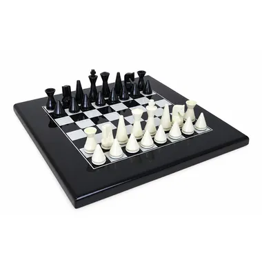 "Modern Black Pyramid" Set Solid Black Lacquered Wood Chess Board & Solid Black and White Lacquered Wood Chess Set