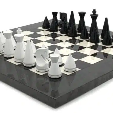 Modern Grey Pyramid Set: Briar and Maple Wood Chess Board & Black and White Lacquered Wooden Chess Set
