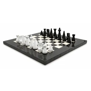 Complete Modern Pyramid chess set viewed from above on grey heather and maple board