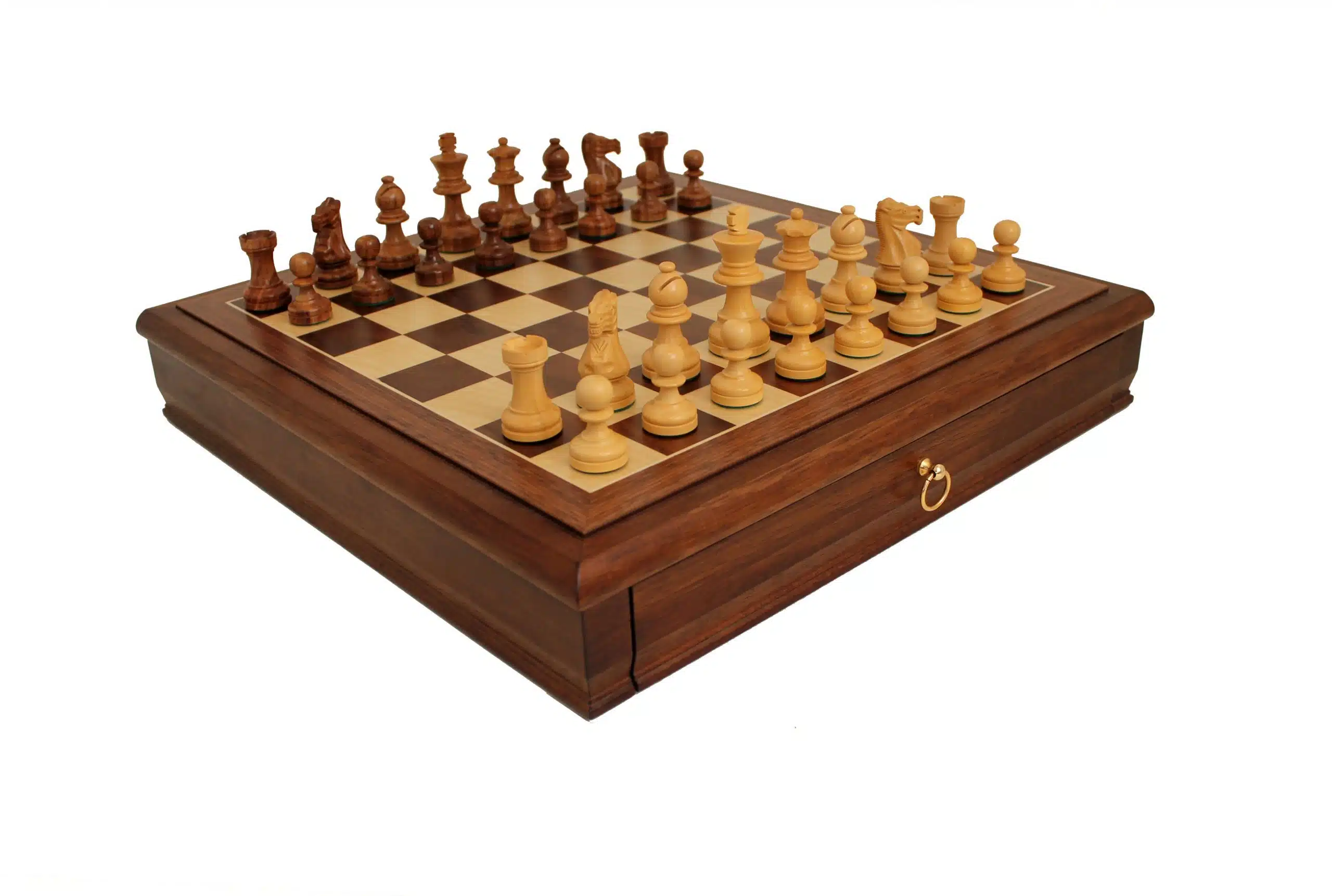 "Tilleul Small" Set - Walnut Wood Chess Board with Storage Drawer & Wooden Staunton Chess Set - Image 3