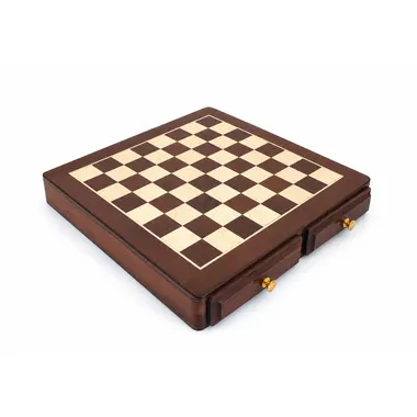 Chess board in golden rosewood and maple, drawers closed, overall view