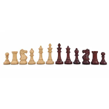 Staunton Professional chess pieces in rosewood burl, kings and bishops lined up