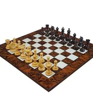 Garvi Luxe Set – Dark Lacquered Walnut Burl Chess Board & Rosewood Chess Set