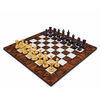 Complete Garvi Luxe set, rosewood pieces on a walnut burr chess board
