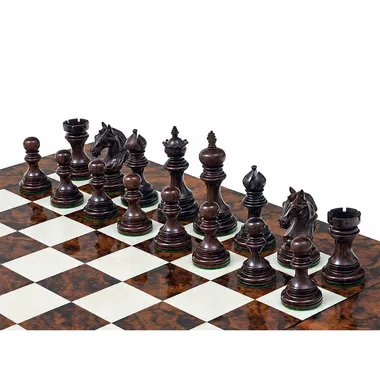 Close-up of dark rosewood pieces arranged on the lacquered chess board