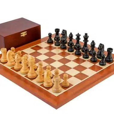 Championship II Set - Mahogany and Maple Wood Chess Board, Boxwood and Ebonised Boxwood Chess Pieces & Birch Wood Storage Box