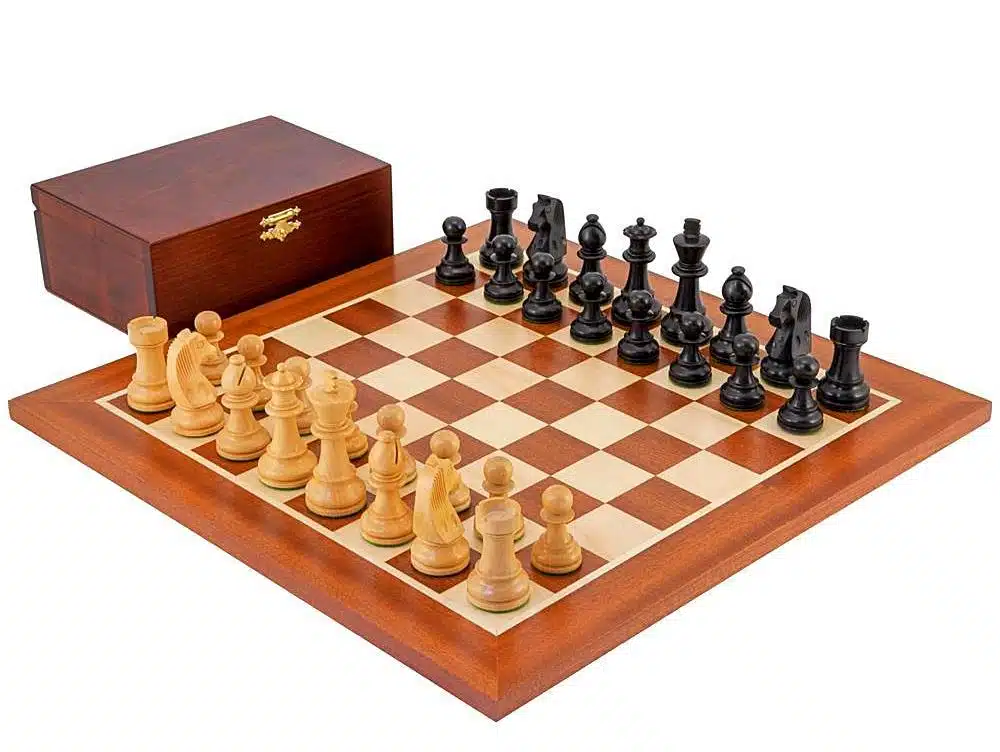 Championship II Set - Mahogany and Maple Wood Chess Board, Boxwood and Ebonised Boxwood Chess Pieces & Birch Wood Storage Box