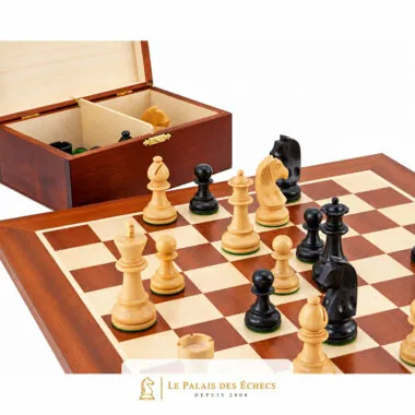 Open birch storage box with compartments, placed on the chess board