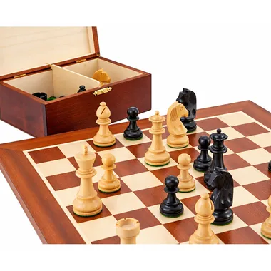 Open birch storage box with compartments, placed on the chess board