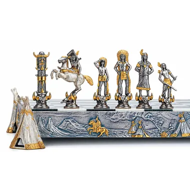 "Indians vs Cowboys" Set Chess Board and Chess Set in Bronze, Onyx and 24 Carat Gold