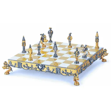 "Gulliver and the Lilliputians" Set Chess Board and Chess Set in Bronze, Onyx and 24 Carat Gold