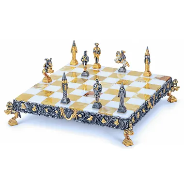 "Gulliver and the Lilliputians II" Set Chess Board and Chess Set in Bronze, Onyx and 24 Carat Gold