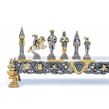 "Gulliver and the Lilliputians II" Set Chess Board and Chess Set in Bronze, Onyx and 24 Carat Gold