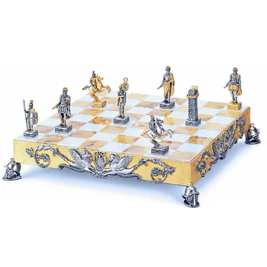 "Roman Empire" Set Chess Board and Chess Set in Bronze, Onyx and 24 Carat Gold