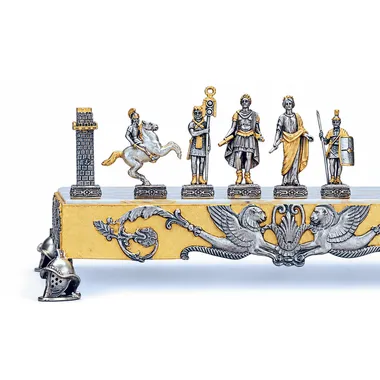"Roman Empire" Set Chess Board and Chess Set in Bronze, Onyx and 24 Carat Gold