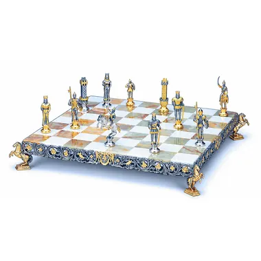 "Charlemagne Emperor of the Holy Roman Empire" Set Chess Board and Chess Set in Bronze, Onyx and 24 Carat Gold
