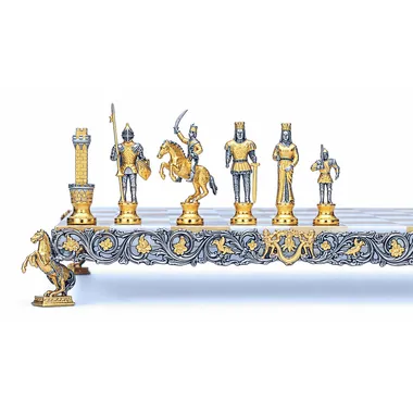 "Charlemagne Emperor of the Holy Roman Empire" Set Chess Board and Chess Set in Bronze, Onyx and 24 Carat Gold