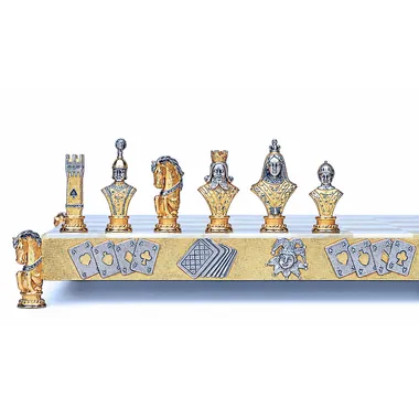 "Poker I" Set Chess Board and Chess Set in Bronze, Onyx and 24 Carat Gold