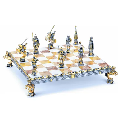 "Dmitry Donskoy, Russian prince of the XV century" set, chess board and chess set in bronze, onyx and 24-carat gold