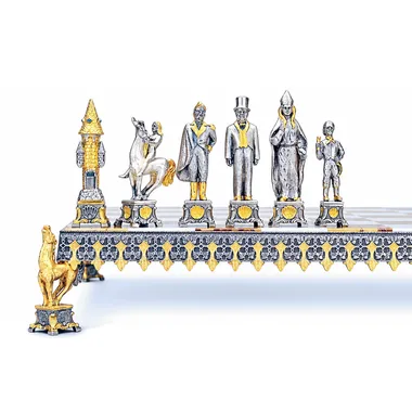 "Russian Revolution of 1917" Set Chess Board and Chess Set in Bronze, Onyx and 24 Carat Gold