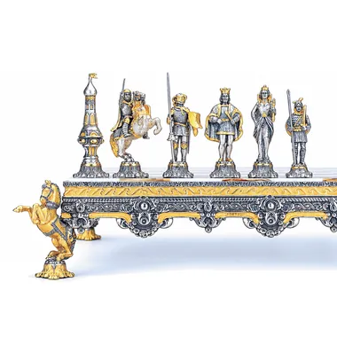 "Medieval Times" Set Chess Board and Chess Set in Bronze, Onyx and 24 Carat Gold