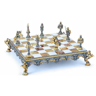 "Medieval Times" Set Chess Board and Chess Set in Bronze, Onyx and 24 Carat Gold