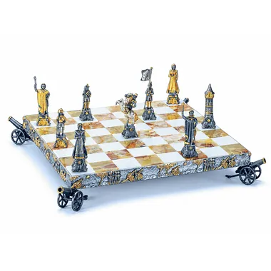 "Napoleon Bonaparte" Set Chess Board and Chess Set in Bronze, Onyx and 24 Carat Gold