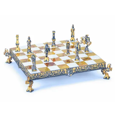 "Henry II of England" Set Chess Board and Chess Set in Bronze, Onyx and 24 Carat Gold