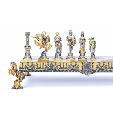 "Henry II of England" Set Chess Board and Chess Set in Bronze, Onyx and 24 Carat Gold