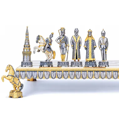 "Nicholas II the Last Emperor of Russia" Set Chess Board and Chess Set in Bronze, Onyx and 24 Carat Gold