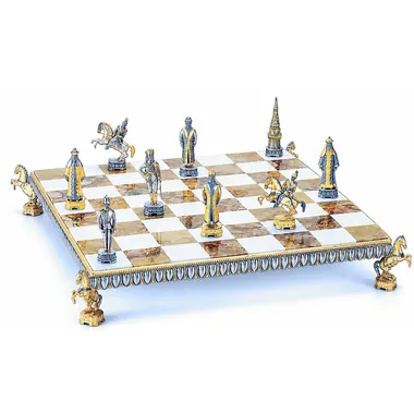 "Nicholas II the Last Emperor of Russia" Set Chess Board and Chess Set in Bronze, Onyx and 24 Carat Gold