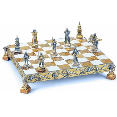 "Samurai Battle of Nagashino" Set Chess Board and Chess Set in Bronze, Onyx and 24 Carat Gold