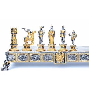 "Prince Siegfried Hero of the Nibelungs" Set Chess Board and Chess Set in Bronze, Onyx and 24 Carat Gold
