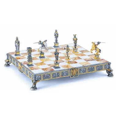 "Prince Siegfried Hero of the Nibelungs" Set Chess Board and Chess Set in Bronze, Onyx and 24 Carat Gold