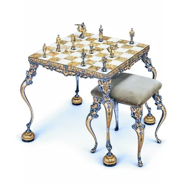 "King Arthur and Guinevere" Set Chess Table and Chess Set in Bronze, Onyx and 24 Carat Gold