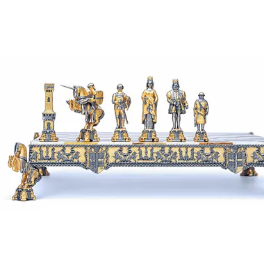 "King Arthur and Guinevere" Set Chess Board and Chess Set in Bronze, Onyx and 24 Carat Gold