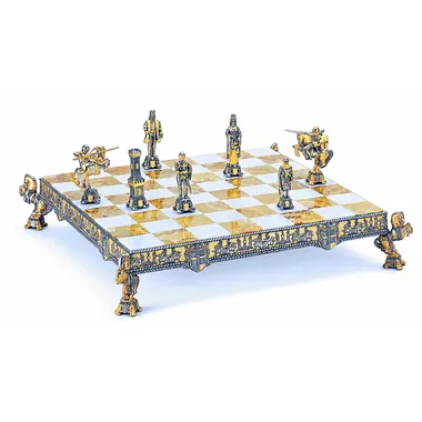 "King Arthur and Guinevere" Set Chess Board and Chess Set in Bronze, Onyx and 24 Carat Gold