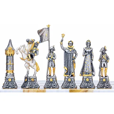 Tsar Dimitri side pieces: knight, flag bearer, king and queen in silver and gold